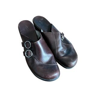 Clarks Dark Brown Leather Mules with Buckle Accents